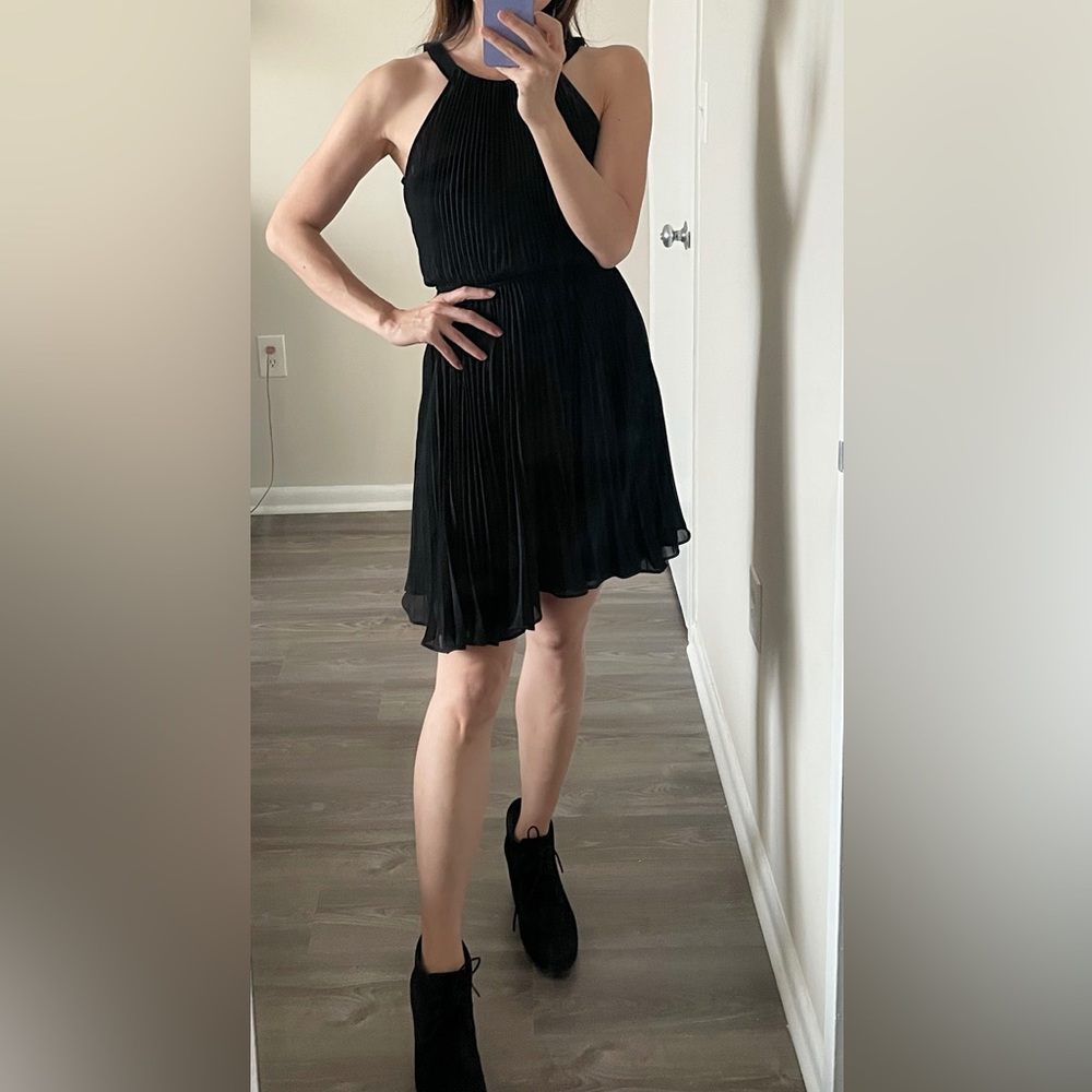 Black Pleated Aymmetrical Cocktail Party Dress S M